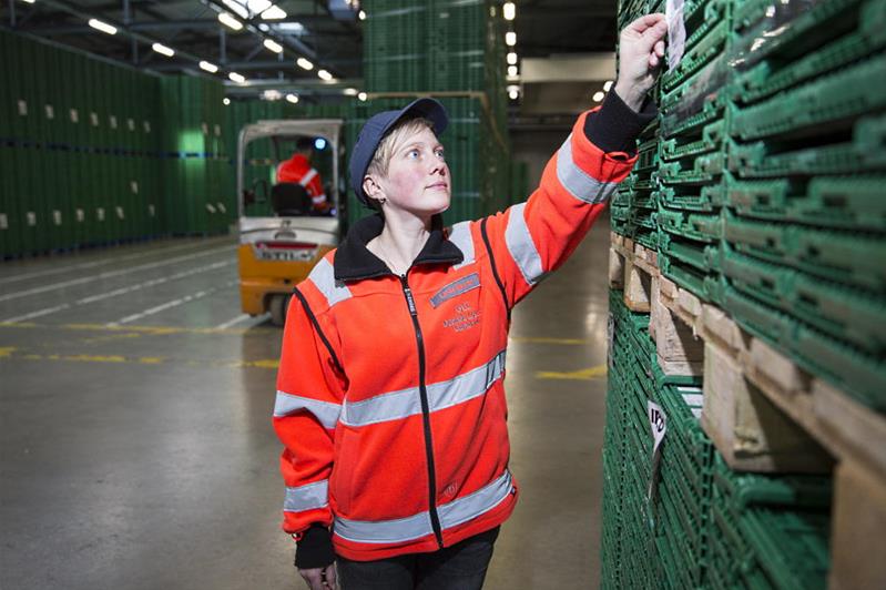 Una giovane donna controlla l'etichettatura di un pallet in un magazzino di merci